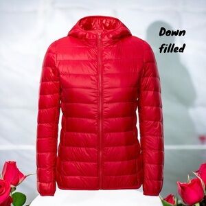 89TH & MADISON NWT LIGHT WEIGHT HOODED DOWN JACKET COAT RACING RED PACKABLE LG